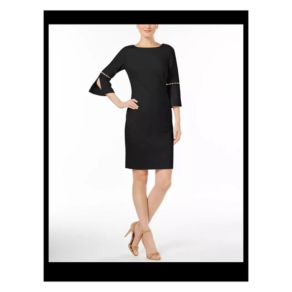 Calvin Klein Dresses & Skirts - NWT Calvin Klein Imitation Pearl Trim Split Bell Sleeve Sheath Dress Size 12